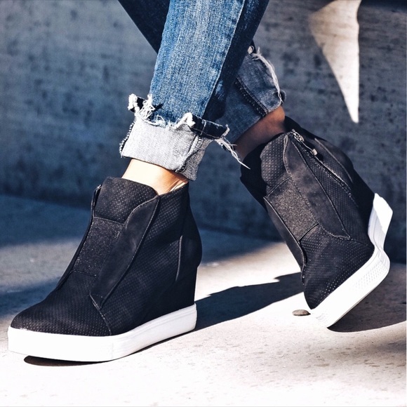 Black | Faux Suede Wedge Sneaker - Picture 3 of 5